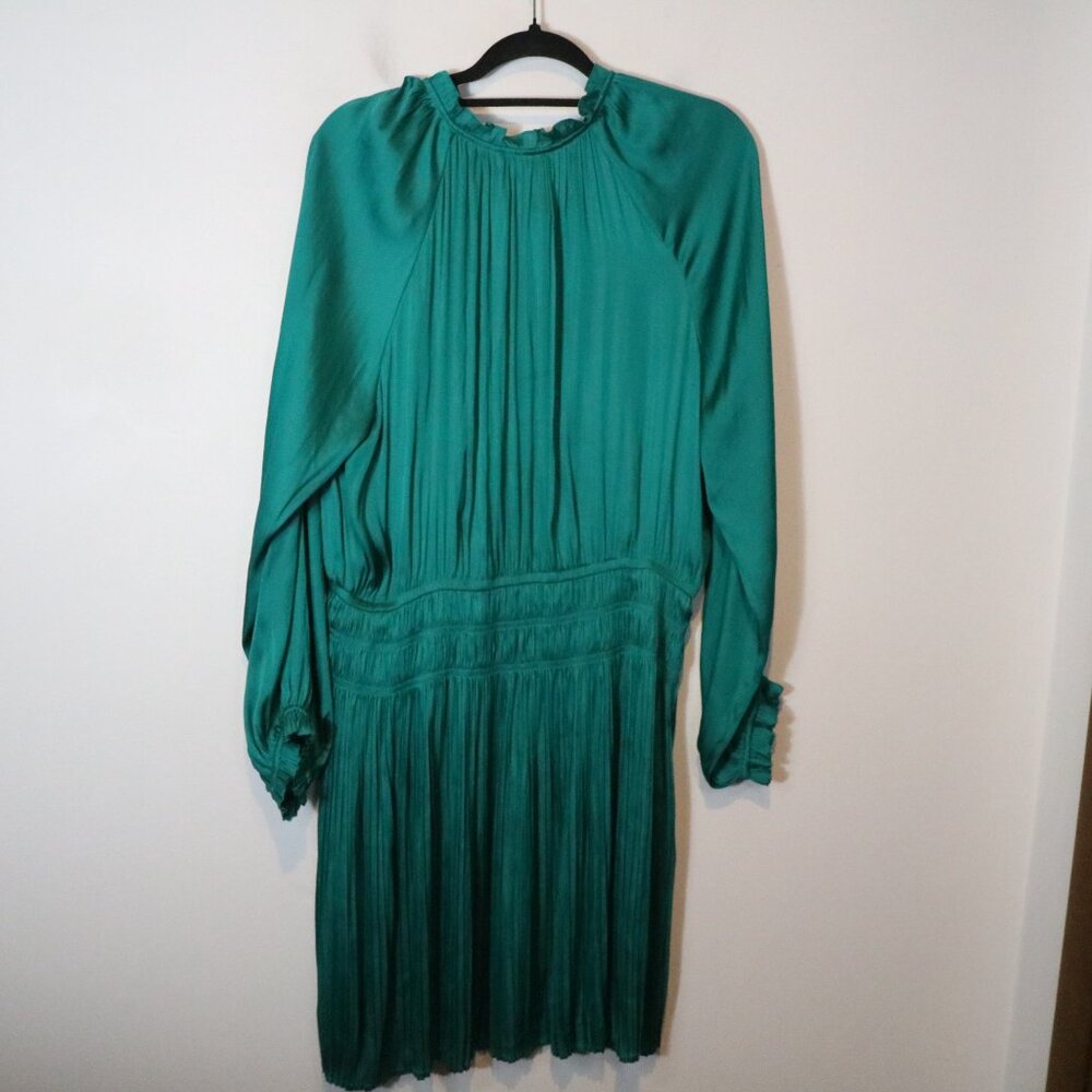 Current Air Anthropologie Pleated Tiered Drop Waist Satin Mini Dress XL Teal - Picture 8 of 8